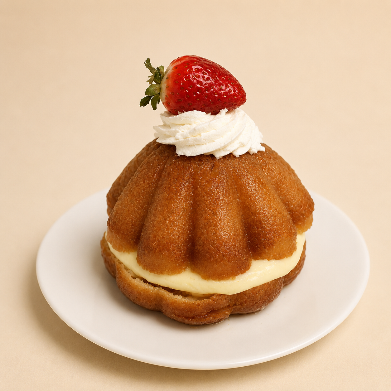Rum baba sponge with pastry cream, whipped cream, and a glazed strawberry
